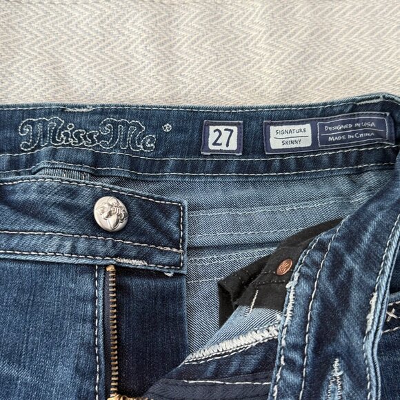 Miss Me Jeans Womens 27 Blue Signature Skinny Embellishment Rhinestone Y2K Boho - Picture 8 of 14